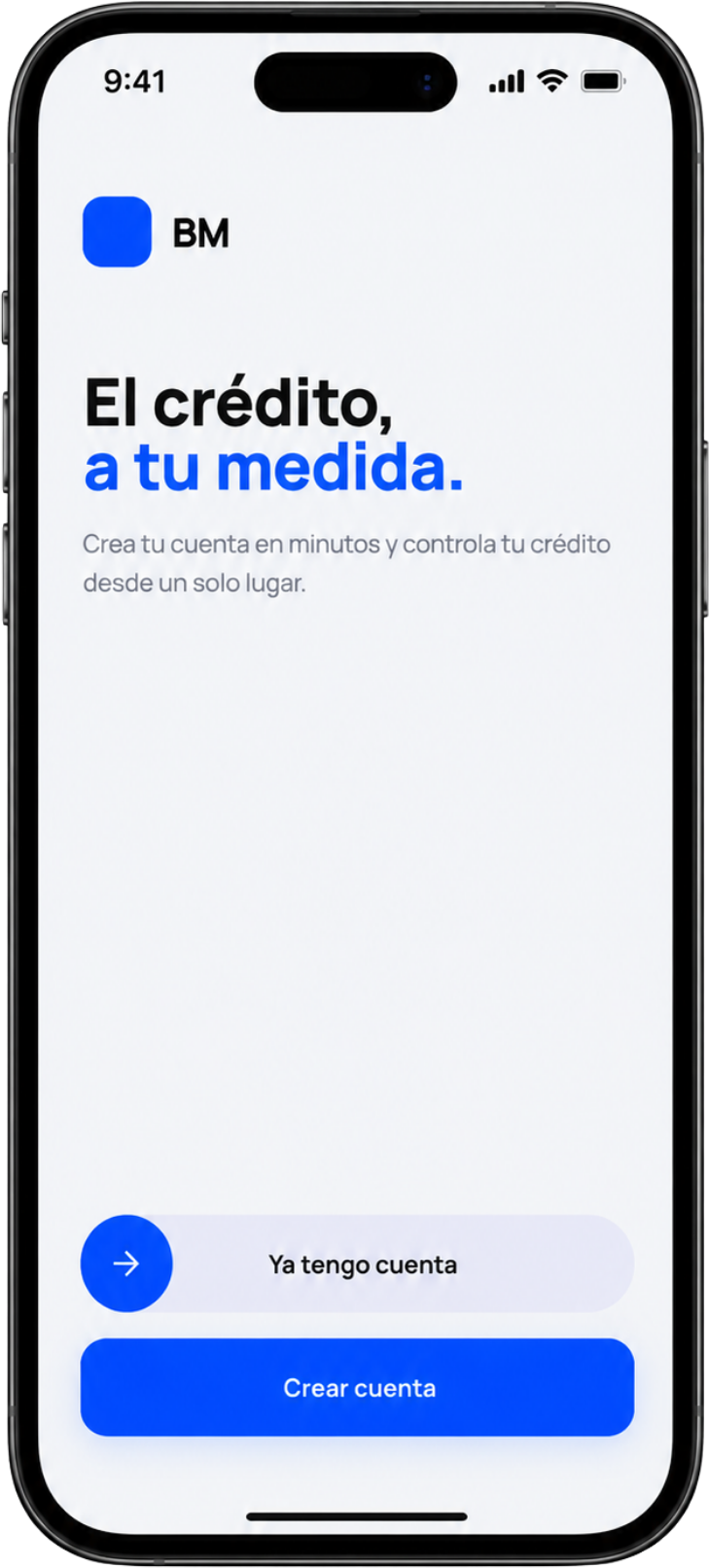 Pantalla de bienvenida de la app BM Capital en un iPhone